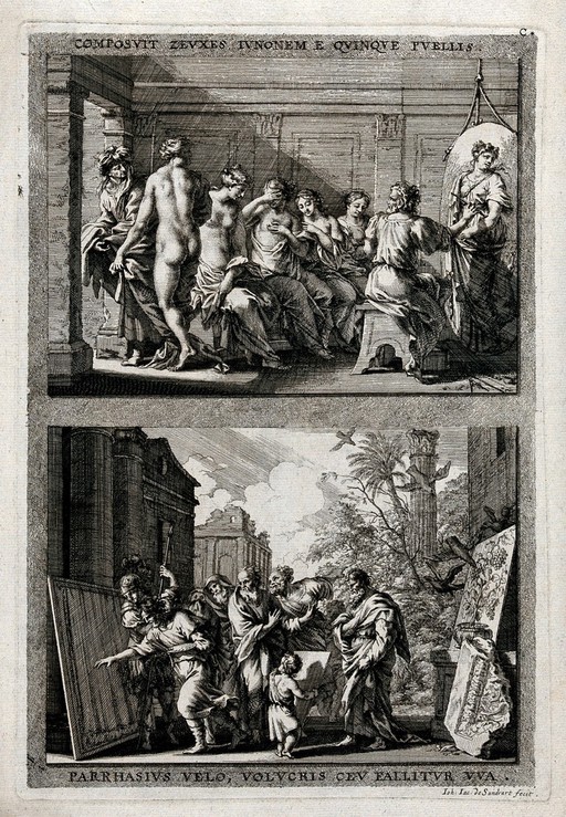 Juno and her handmaidens seated before the painter Zeuxis, and Parrhasius rushing to unveil his painting before a group of observers. Engraving by J.J. von Sandrart after J. von Sandrart.