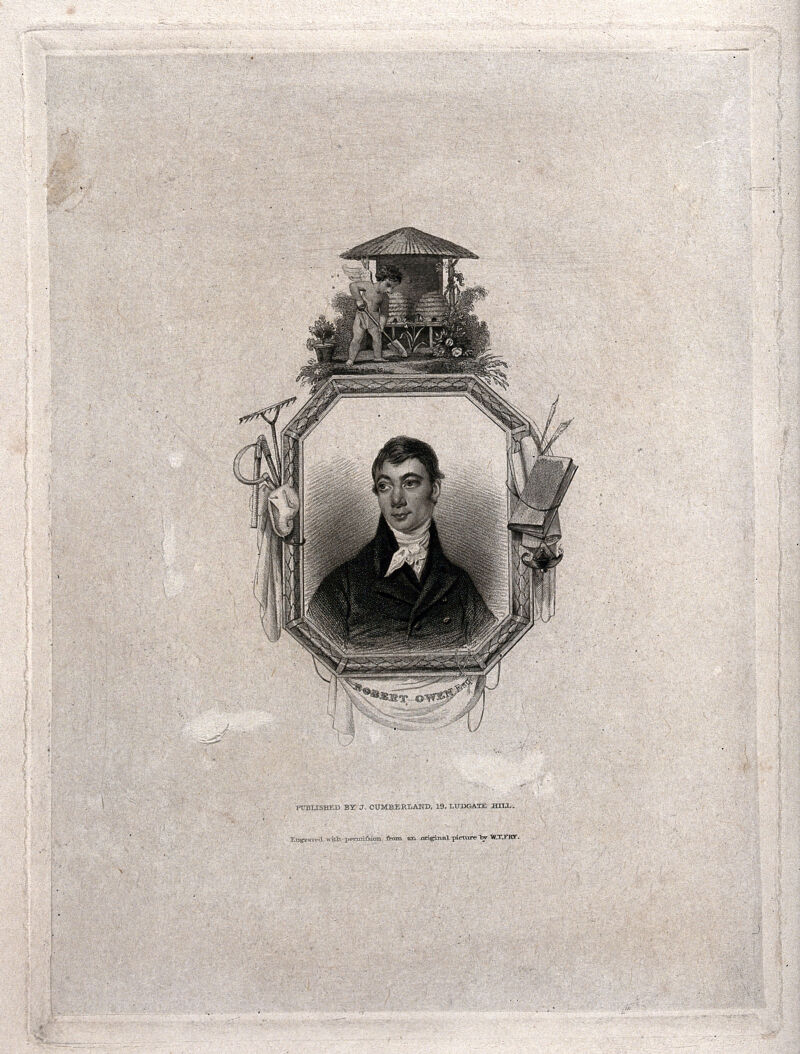 Robert Owen within a frame decorated with tools used for gardening and writing. Engraving after W.T. Fry., by William Thomas Fry
