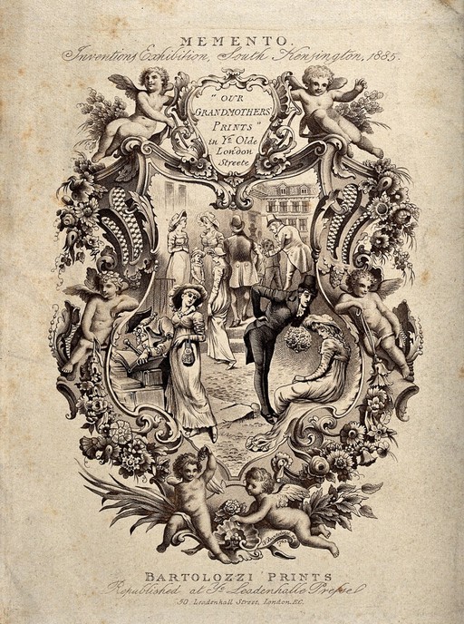 Advertisement for the Inventions Exhibition, South Kensington; with groups of elegant men and women in a London street, within a frame decorated with winged boys and flowers. Engraving, 1885, after F. Bartolozzi.