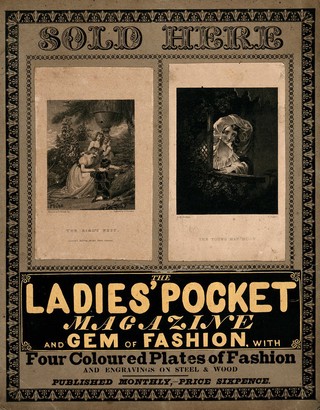 The ladies' pocket magazine and gem of fashion: showcard advertising its sale. Lithograph.