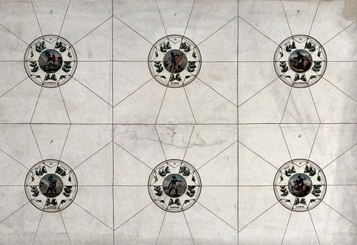 Six illustrations of the Napoleonic star of courage badge, commemorating the deeds of six generals during the Napoleonic wars. Engraving.