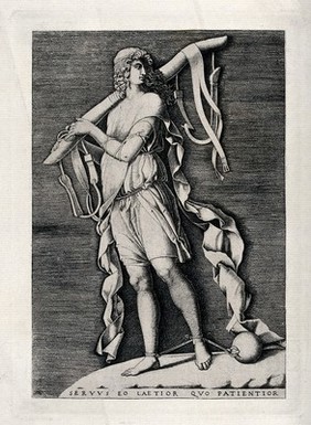 A young man walking to left, facing right, supporting a yoke on his right shoulder, with both ankles bound and attached to a ball; representing joyful servitude. Collotype after an engraving attributed to A. Scultori (Ghisi).