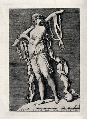 view A young man walking to left, facing right, supporting a yoke on his right shoulder, with both ankles bound and attached to a ball; representing joyful servitude. Collotype after an engraving attributed to A. Scultori (Ghisi).