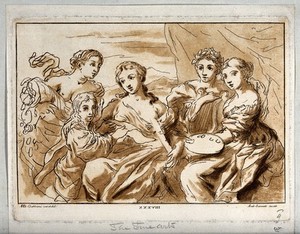 view Four women representing the arts of abundance, music, poetry and painting with a boy displaying a sheet of paper to them. Etching by A. Scacciati after A.D. Gabbiani.