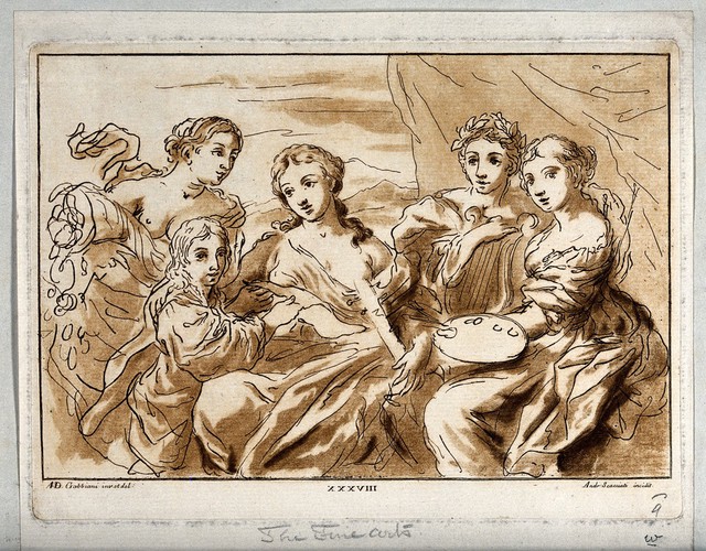 Four women representing the arts of abundance, music, poetry and painting with a boy displaying a sheet of paper to them. Etching by A. Scacciati after A.D. Gabbiani.