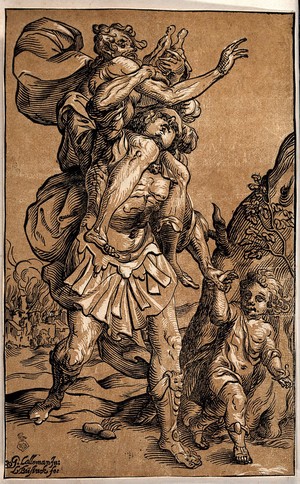 view Aeneas carrying Anchises on his shoulders, while also leading his son Ascanius away from the fire of Troy. Coloured woodcut by L. Büsinck after G. Lallemand.