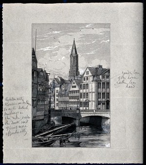 view A cityscape with a bridge over a river. Wood engraving by C. Roberts.