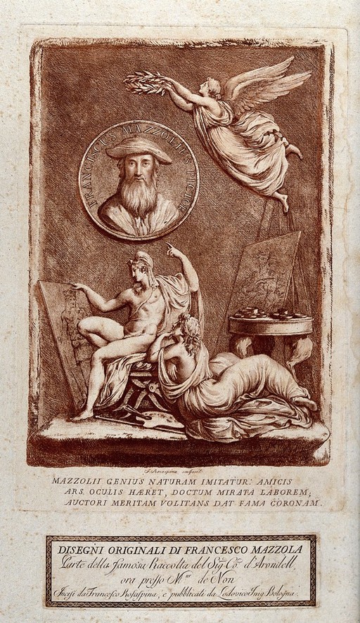 The genius of Parmigianino: a seated nude man contemplating an image of a herm, with a reclining woman beside him; on the wall a portrait roundel of Parmigianino being crowned by a winged woman.