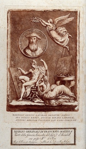 view The genius of F. Mazzola, il Parmigianino: his works are admired by a seated man representing art and a woman representing nature, while his portrait is crowned by fame. Soft ground etching by F. Rosaspina.