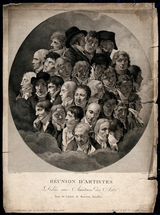 Heads of twenty-nine artists. Stipple engraving by A. Clement after L.L. Boilly.
