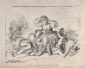 view A girl adjusting her hair before a mirror held up by a winged boy, while another girl reclines beside her. Process print by Gillot after Charles Chaplin.