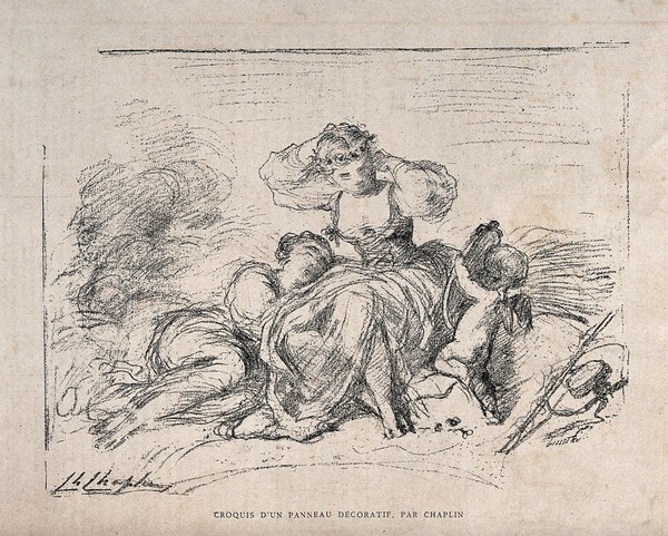 A girl adjusting her hair before a mirror held up by a winged boy, while another girl reclines beside her. Process print by Gillot after Charles Chaplin.