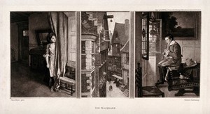 view A girl looking out from behind a curtain across a street scene at a boy seated on a table playing the recorder in the opposite house. Process print by F. Hanfstaengl, 1896, after C. Meyer.