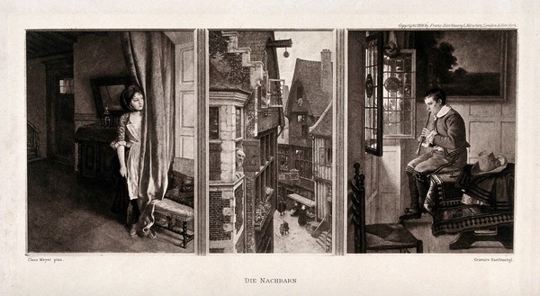 A girl looking out from behind a curtain across a street scene at a boy seated on a table playing the recorder in the opposite house. Process print by F. Hanfstaengl, 1896, after C. Meyer.