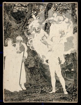 A young man surrounded by flying cupids and a lute-playing figure, observed by a young woman accompanied by an elderly man. Etching.