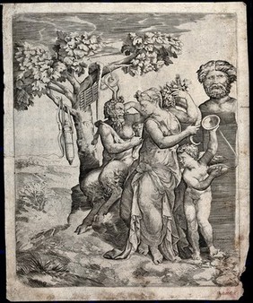 Pan seated next to a nymph who holds a cornucopia with Cupid playing cymbals before a herm. Engraving by G. Bonasone, 15--.