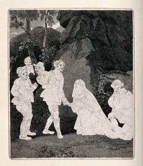 A woman kneeling before a dishevelled man, with onlookers observing from behind a rock. Etching, unfinished.