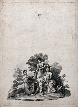 view Three young women in a landscape, with two small boys. Etching.