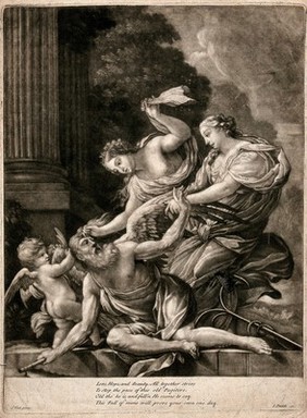 Allegorical figures of Love, Hope and Beauty struggling with the figure of Time. Mezzotint by J. Smith after S. Vouet.