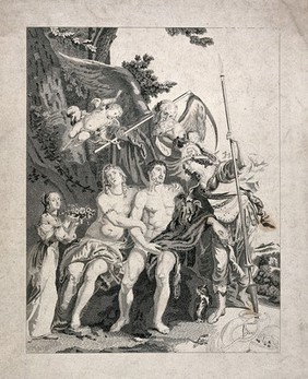 Hercules between Venus and Minerva, with Time and Cupid looking on ; a girl proffering roses on the left. Stipple engraving after G. de Crayer.