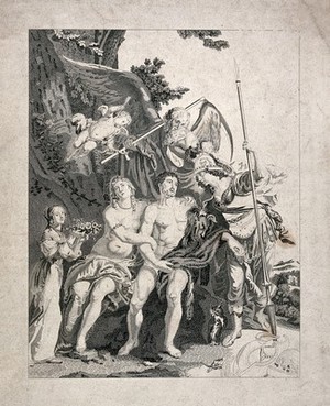 view Hercules between Venus and Minerva, with Time and Cupid looking on ; a girl proffering roses on the left. Stipple engraving after G. de Crayer.