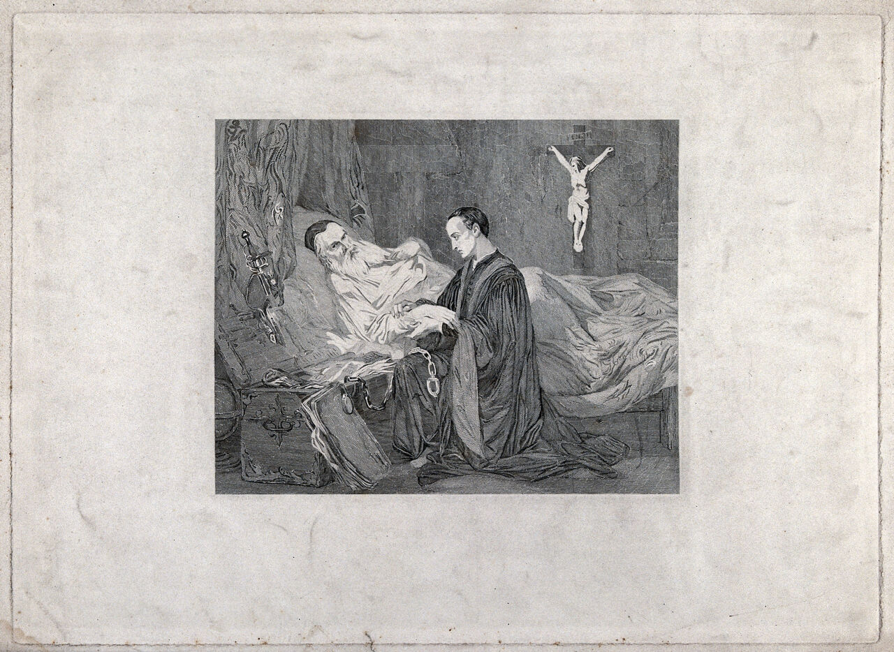 Christopher Columbus on his death bed with a young man kneeling at the bedside; an open chest full of documents beside. Stipple engraving after G. Wappers., 1800-1899, by Gustaaf Wappers