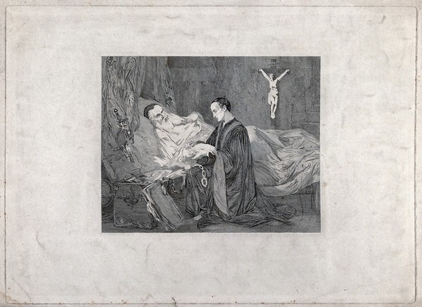 Christopher Columbus on his death bed with a young man kneeling at the bedside; an open chest full of documents beside. Stipple engraving after G. Wappers.