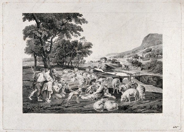 Shepherds and shepherdesses with sheep in countryside by a river. Etching by J. Desaulx and F. Godefroy, ca. 180-, after P.P. Rubens.