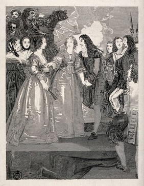 A man and two women, perhaps members of the Stuart royal family, taking leave of each other on a dock side. Engraving, unfinished.