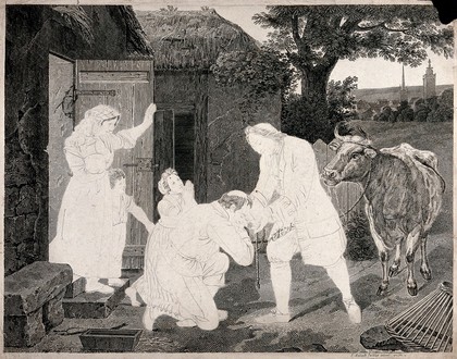 A man bringing a cow to the home of another man who, with his family, greets and supplicates him. Etching by C.-F. Fortier and G. Malbeste, 1821.