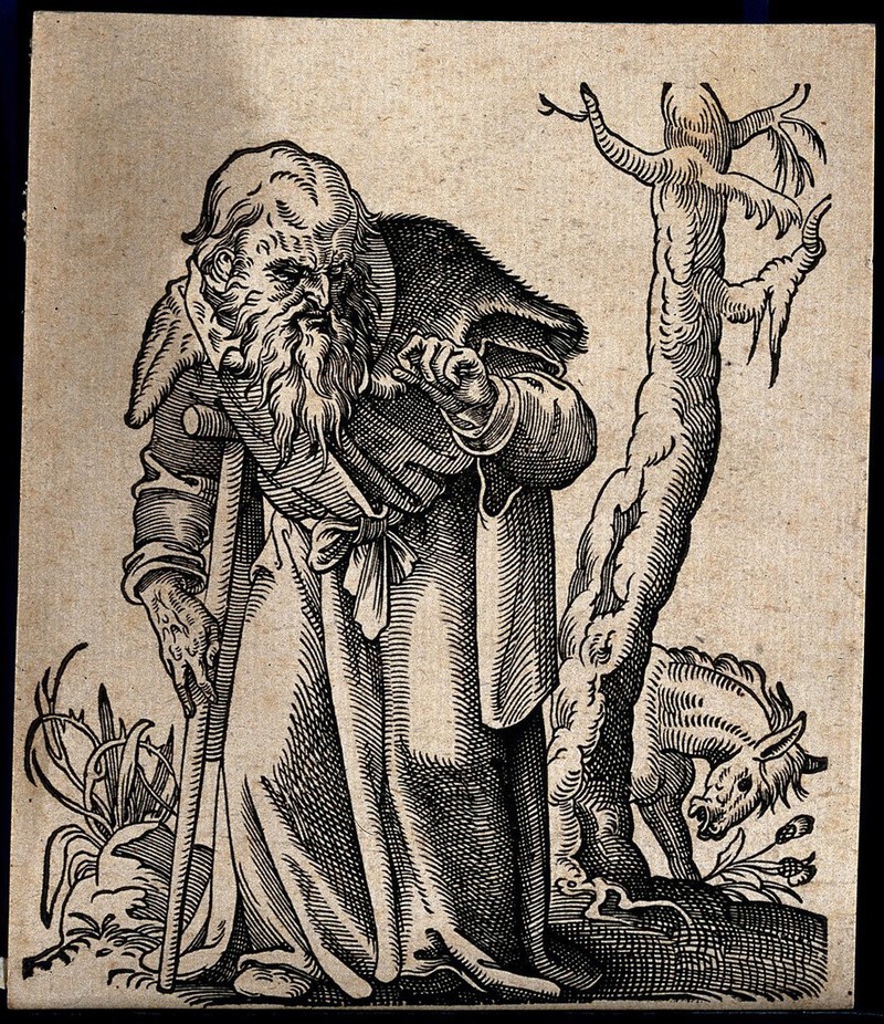 A hunch-backed old man supported by a crutch with a whinnying horse behind. Woodcut by Tobias Stimmer, 1580., [1580], by Tobias Stimmer