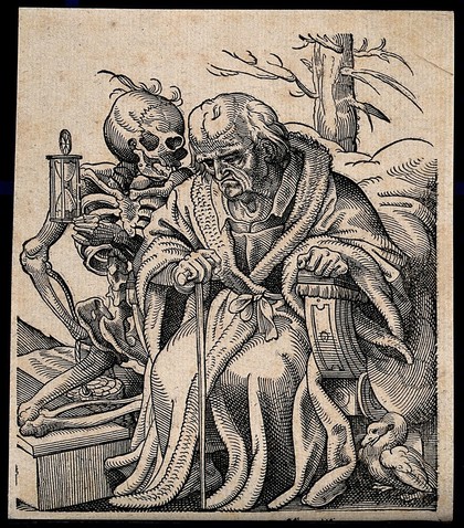 An elderly man taunted by a skeleton, as he sits and ponders in a vanitas conceit. Woodcut by Tobias Stimmer, 1580.