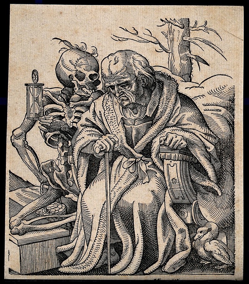 An elderly man taunted by a skeleton, as he sits and ponders in a vanitas conceit. Woodcut by Tobias Stimmer, 1580., [1580], by Tobias Stimmer