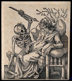 view A sick old woman, sitting supported by pillows as a skeleton pounces aiming his spear at her eyes. Woodcut by Tobias Stimmer, 1580.