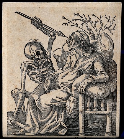 A sick old woman, sitting supported by pillows as a skeleton pounces aiming his spear at her eyes. Woodcut by Tobias Stimmer, 1580.