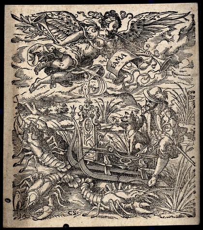 Fame blows her trumpet: below, a man and his dog ride on a sleigh drawn by giant lobsters or crayfish. Woodcut by J. Amman, 1579.