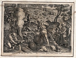 view Hunting: hunters smoking rabbits out of their burrows, beating the ground with clubs, and closing ranks to catch rabbits. Engraving attributed to A. Wierix II after J. Stradanus.