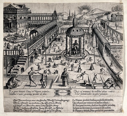Ages of man: first stage, childhood from birth to the age of sixteen and the classical orders of architecture: composite. Engraving by Jan Vredeman de Vries after Johan Wierix, 1577.