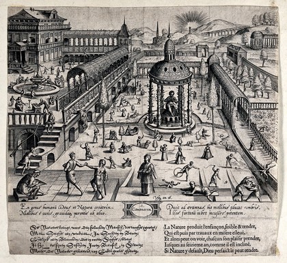 Ages of man: first stage, childhood from birth to the age of sixteen and the classical orders of architecture: composite. Engraving by Johan Wierix, 1577, after Jan Vredeman de Vries.
