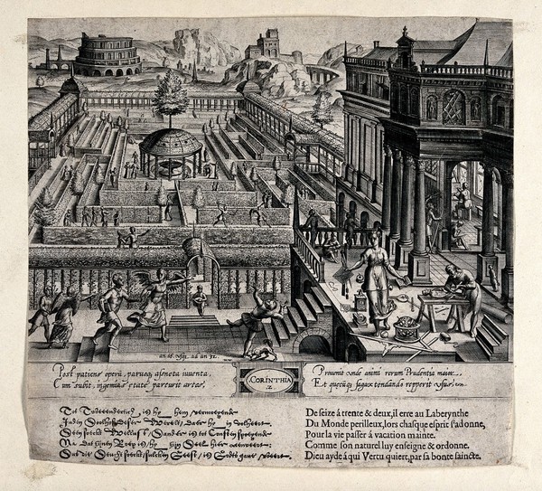 Ages of man: second stage, from the ages of sixteen to thirty two, and the classical orders of architecture: corinthian. Engraving by J. Wierix, 1577, after J. Vredeman de Vries.