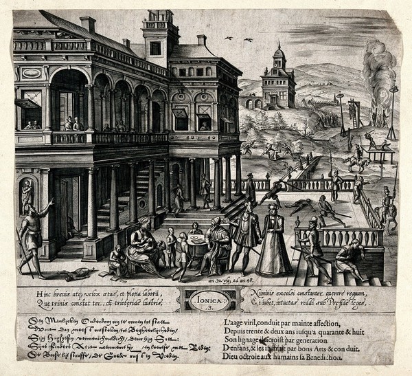 Ages of man: third stage, from the age of thirty two to forty eight and the classical orders of architecture: ionic. Engraving by J. Wierix, 1577, after J. Vredeman de Vries.