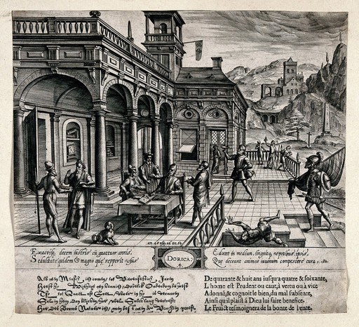 Ages of man: fourth stage, from the age of forty eight to sixty four years and the classical orders of architecture: doric. Engraving by Jan Vredeman de Vries after Johan Wierix, 1577.