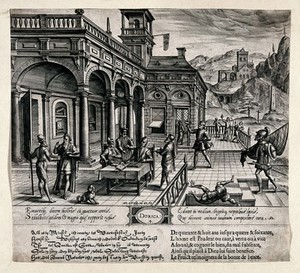 view Ages of man: fourth stage, from the age of forty eight to sixty four years and the classical orders of architecture: doric. Engraving by J. Wierix, 1577, after J. Vredeman de Vries.
