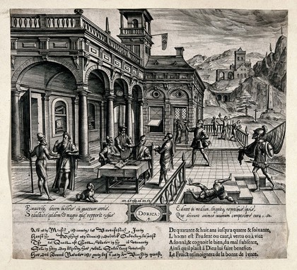 Ages of man: fourth stage, from the age of forty eight to sixty four years and the classical orders of architecture: doric. Engraving by J. Wierix, 1577, after J. Vredeman de Vries.