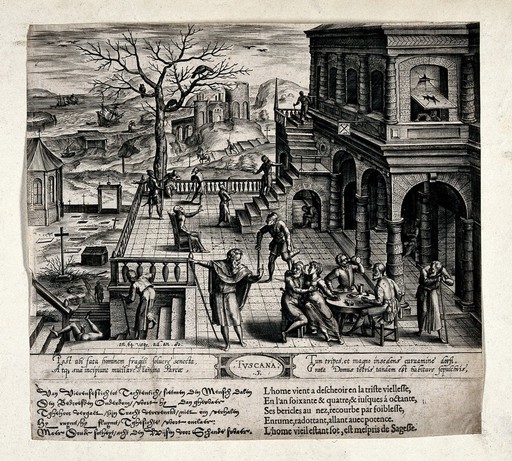 Ages of man: fifth stage, from the age of sixty four to eighty and the classical orders of architecture: tuscan. Engraving by Jan Vredeman de Vries after Johan Wierix, 1577.