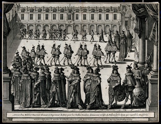 Procession of courtiers to the chapel of Fontaine-bleau, to be knighted. Engraving by Abraham Bosse, 1633.
