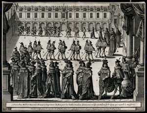 view Procession of courtiers to the chapel of Fontainebleau, to be knighted. Engraving by Abraham Bosse, 1633.