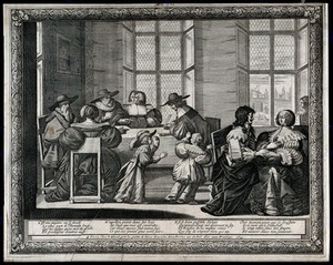 view The workings and signing of a marriage contract. Engraving by Abraham Bosse, 1633.