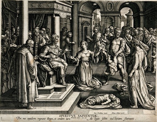 The power of wisdom: Solomon gives the order that a child should be cut in half to stop two women fighting over it. Engraving by Adrian Collaert after Jan van der Straet, 1567/1605.