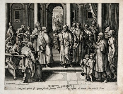 The power of knowledge: Peter and the disciples go to Solomon's arch and preach, having cured a lame man. Engraving by Adrian Collaert after Jan van der Straet, 1567/1605.